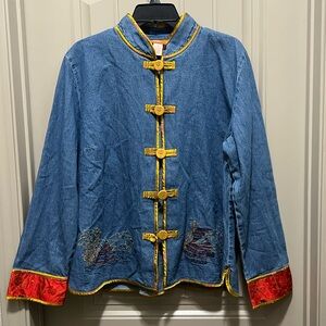 Denim Jacket with Red and Gold Accents